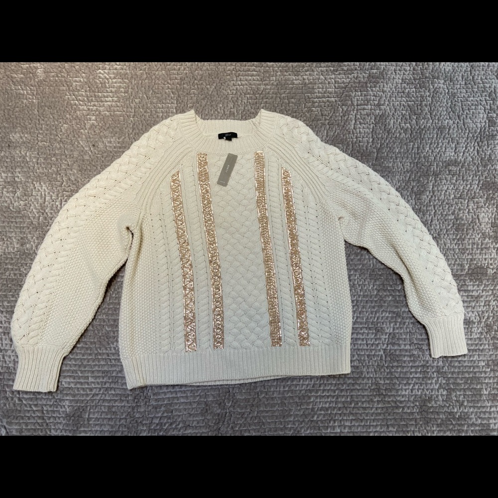 J.Crew + cable knit + sweater + natural + sequins + size L